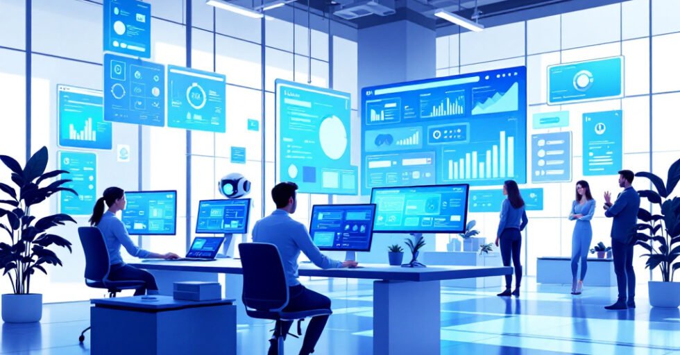 Illustration of AI agents assisting in software testing, DevOps, and customer support